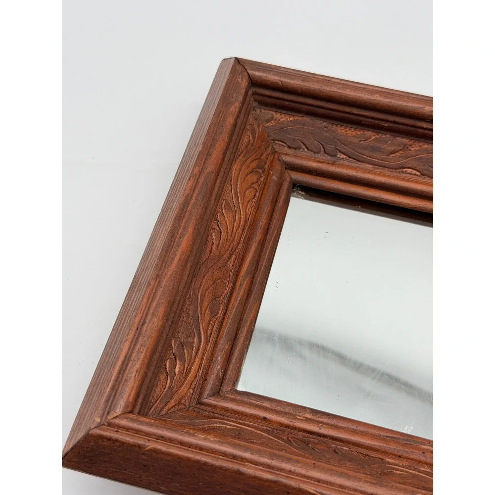 Vintage Carved Wood Square Wall Mirror Brown Leaf Scroll Ornate Frame Small